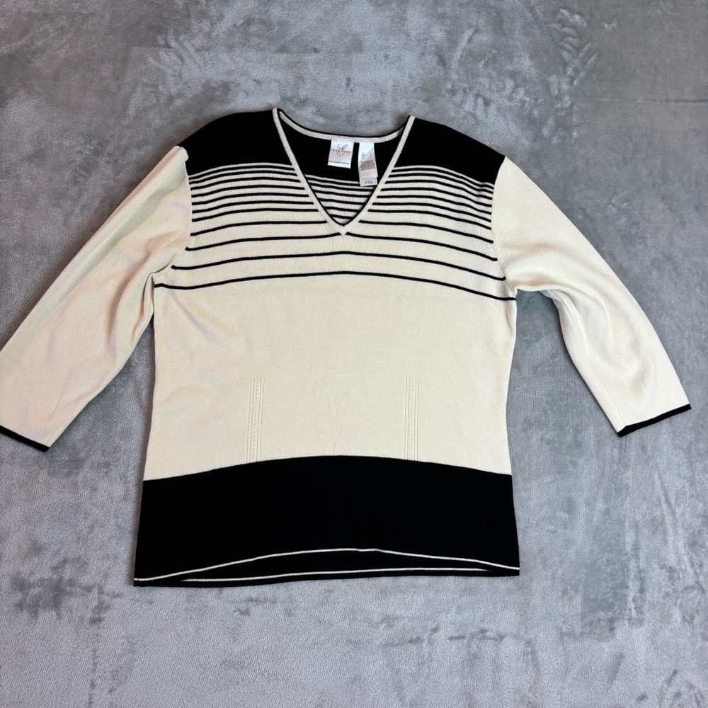 Emma James Liz Claiborne Black Cream Striped V-Neck Sweater L
